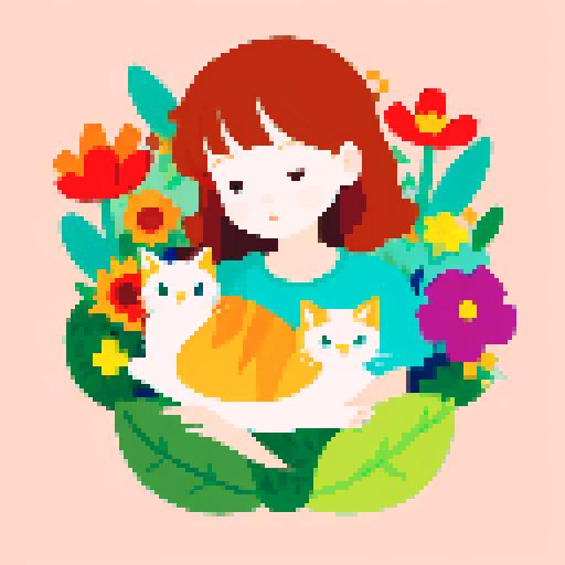 flat, childish illustration with a girl and lots of cats around her, flowers,leaves, abstraction,close-up