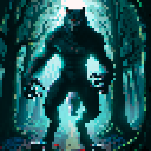 werewolf, forest background, red-eyed, slightly hunched posture, pixelated style, vibrant sRGB colors