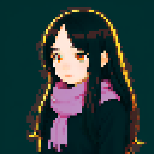 normal dark-haired girl with scarf, long hair, expressive eyes, soft shading, intricate details, whimsical charm, seamless pixelation, sad melancholy