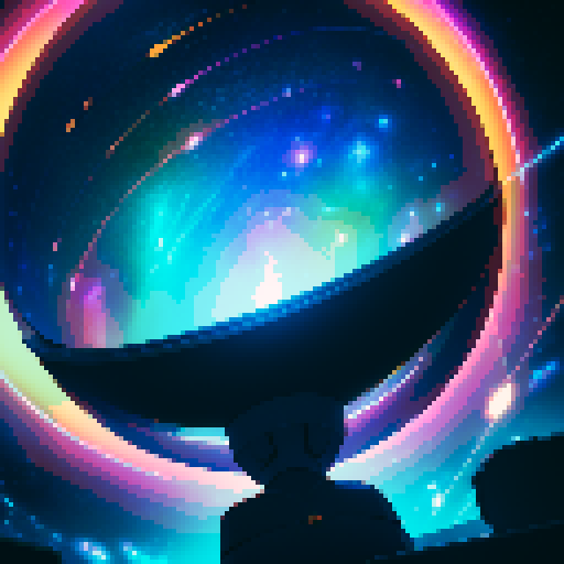 Starry space background, pixel art, glowing stars, retro-inspired, twinkling constellations, illuminated planets, cosmic hues, immersive depth, landscape with a computer terminal displaying "Stardust Reflections" and the main character's reflection on the screen