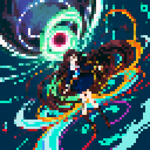 anime girl with long, glowing eyes, flowing hair, dark colors, hovering above the ground in a revealing school uniform, with a 16 bit style that pops against the sRGB color palette
