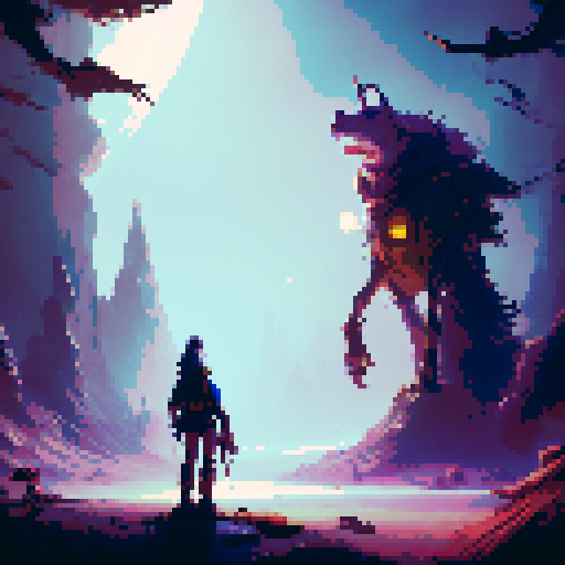 Furry wolf with piercing yellow eyes, standing beside a determined girl with a sword, amidst a mystical forest of glowing mushrooms and floating orbs