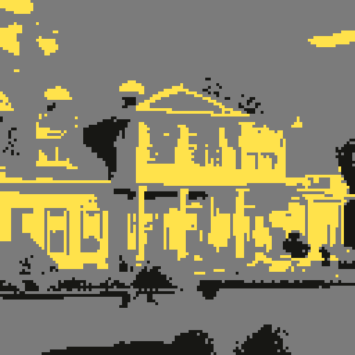 Suburban mansion, front view, symmetrical design, towering structure, pixelated windows, pristine lawn, straight path to door, low-resolution details, sRGB color palette
