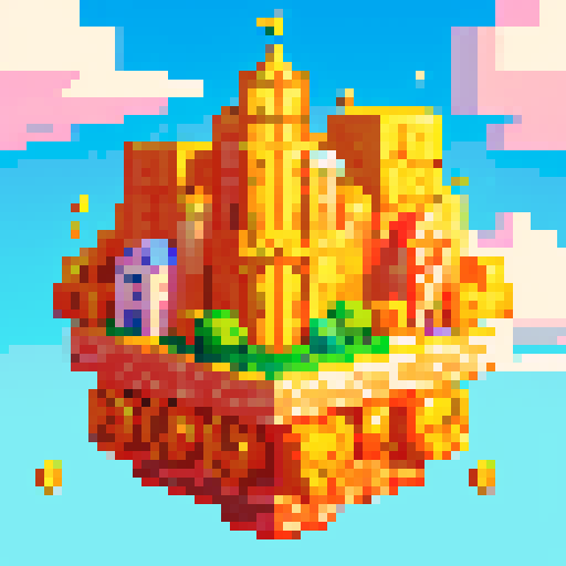 Imagine a vibrant, pixelated world known as Money Land, where the air is thick with the excitement of flying gold coins. This digital realm is filled with towering skyscrapers made of gleaming gold and silver, reflecting the bright, sunlit sky. Streets are lined with bustling marketplaces, where pixelated residents trade and barter using shimmering gold coins that seem to have a life of their own. In the sky above, gold coins of various sizes fly freely, leaving trails of glittering light in the