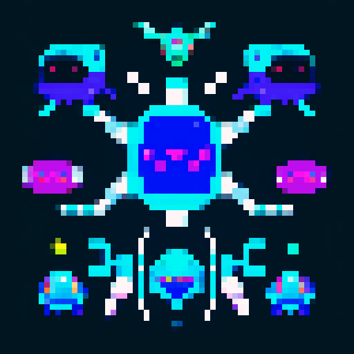 Enemy mothership sprite sheet, vertical space-shooter, retro pixel art, vibrant sRGB colors, menacing alien design, metallic sheen, glowing energy core