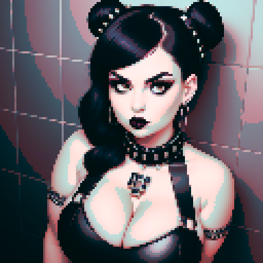 curvy, busty goth girl with studded collar, wearing halter top, hair in buns, in a full face portrait with a glamour shot aesthetic, against a moody tile backsplash, capturing an edgy pixel art style in sRGB