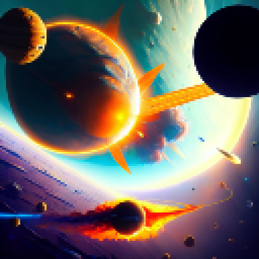 Space station orbiting a fiery sun, surrounded by a swirling asteroid belt and towering planets with vibrant colors in a fantastical RPG art style.