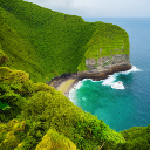 Lush green background with cliffs, ocean and jungle in the distance.