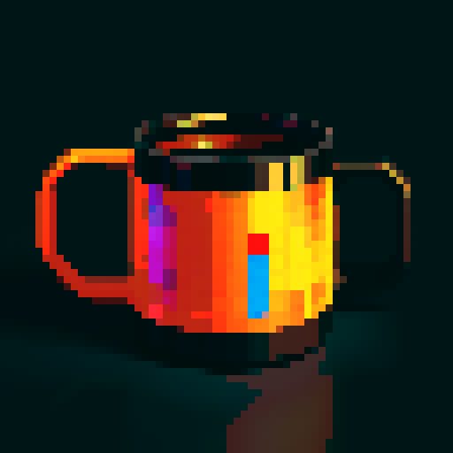 2d pixel art coffee mug, black background, vibrant colors, contrasting lines, retro aesthetic, high pixel density, intricate details, realistic shading, glossy finish, sRGB color space