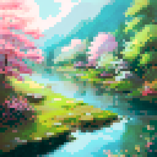 cottage nestled among lush greenery, serene river flowing gently, vibrant flowers blooming, towering trees surrounding, picturesque landscape portrait