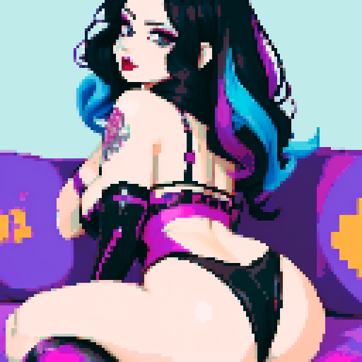curvy, cute goth girl sitting, black hair, purple eyeshadow, red lipstick, rear view glamour shot, pixel art, vibrant sRGB colors, edgy aesthetic