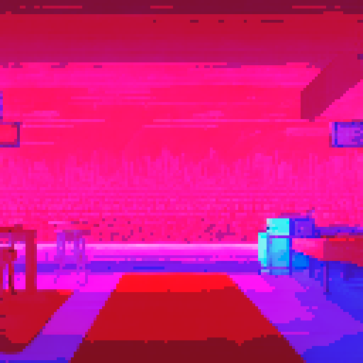 night club, DJ booth, pixel art, sRGB, big room, crowded foreground, platform along bottom, dark dramatic lighting, club lighting, background landscape