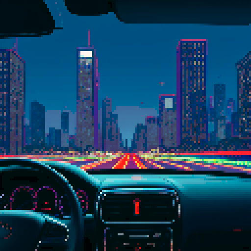 car dashboard, driving down a bustling highway, surrounded by towering skyscrapers and a depressing skyline, under a polluted sky, capturing the essence of mystery and depression, mysterious