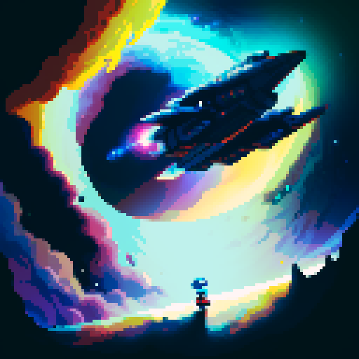 spaceship, sideview, vibrant galaxy, swirling nebulas, twinkling stars, pixel art, srgb