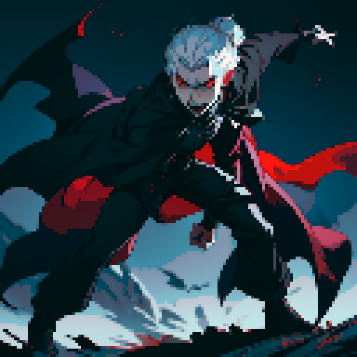 full-body image, male vampire final boss, dark and brooding, glowing red eyes, sharp fangs, pale skin, flowing black cape, menacing stance, intricate details, sRGB, pixel art, facing left, ready to fight