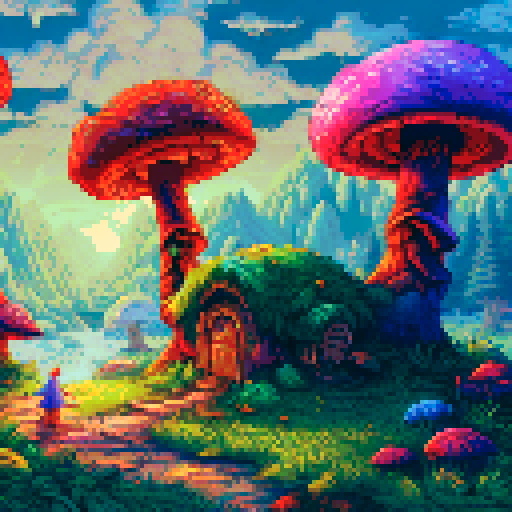 fantasy mushroom hut with fairies flying, whimsical pastel-colored leaves, light shining through trees, landscape
