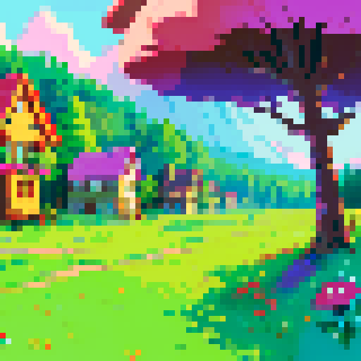 pixel art landscape map with tall, vibrant trees, whimsical mushrooms, cozy houses, and colorful flowers
