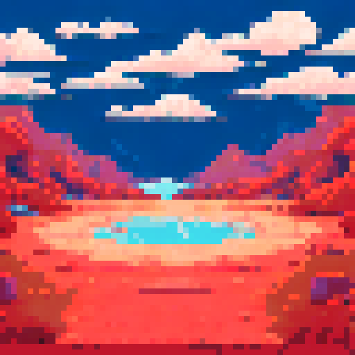 sand pit filled with quicksand, platforms with crude giant slingshots, clear and bright weather, pixel art, sRGB, background, landscape