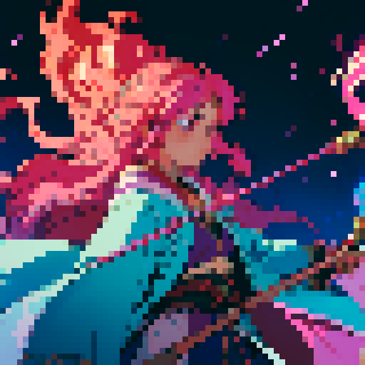 legendary anime girl wizard, long flowing hair, vibrant and dynamic colors, glowing magical staff, intricate and ornate robes, intense and focused expression, sparkling and shimmering background
