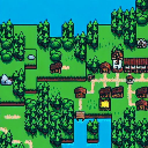 tall vibrant trees, whimsical mushrooms, cozy houses, colorful flowers, pixelated landscapes, enchanting atmosphere, immersive world, nostalgic art style, charming scenery, intricate designs, lively flora and fauna, landscape portrait
