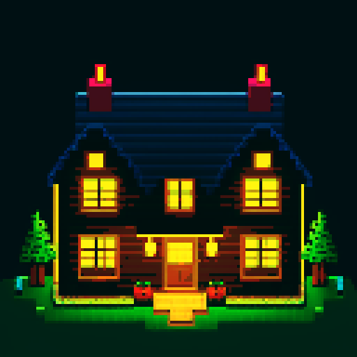 house with lights on near forest, night