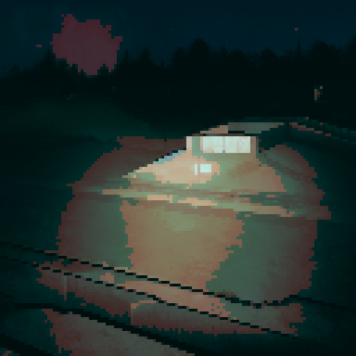 night sky, purple hues, haunted, stars, concrete, brutalist, steel, empty, ghosts