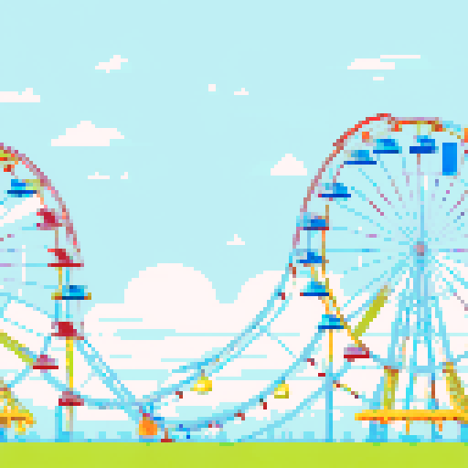 wide shot amusement park, vibrant colors, whimsical carousel, towering roller coaster, ferris wheel in motion, candy-colored stalls, pixel art style