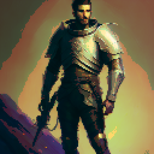 Knight on horseback, wearing plate armour and holding a lance. Drawn in a comic style