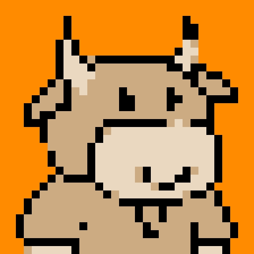A pixel art portrait of a bull with a neutral expression, featuring a minimalist design with light skin tone, solid colors, Set against a solid orange background. The style is reminiscent of early video game characters, with a square aspect ratio.
