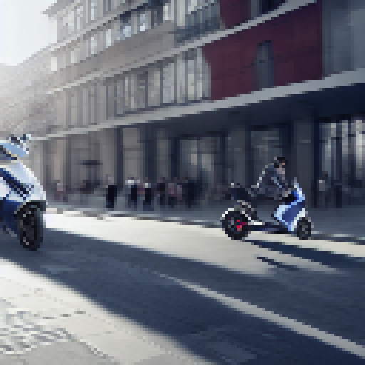 Peugeot's e-ludix prototype, a sleek and futuristic electric scooter, glides through a vibrant cityscape, its angular frame and bold lines perfectly captured in a striking landscape portrait.