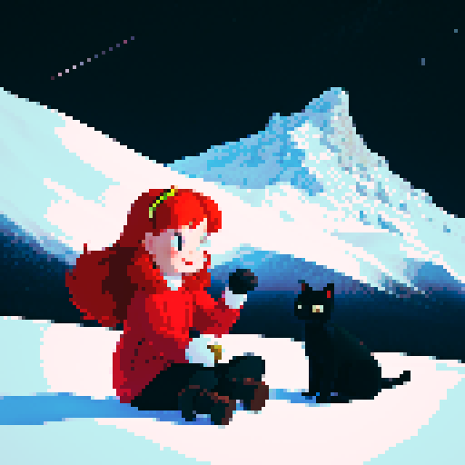 Redhead with black cat in between towering, snowy mountains in space