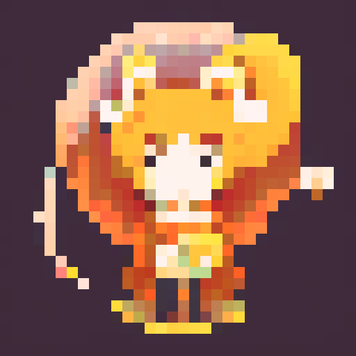 Create a 32x32 pixel art of a playful Kitsune girl, with nine fluffy tails, vibrant orange fur, wearing a traditional Japanese kimono with a cherry blossom pattern, and holding a fan with the image of a crescent moon, all in the style of retro pixel art.