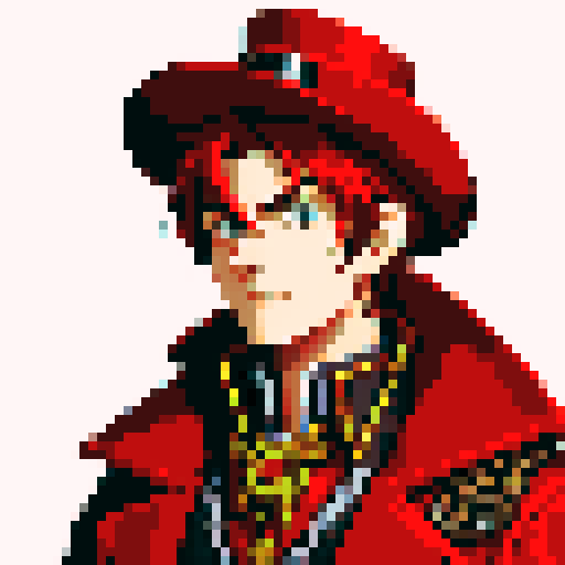 steampunk young man, red coat, red hat, 2D game stance, pixel art, sRGB