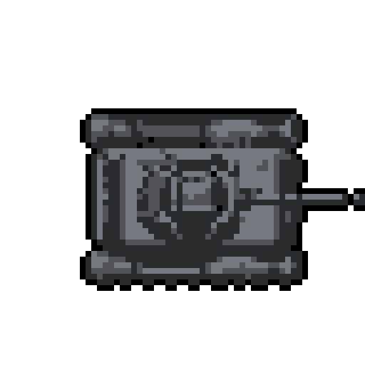 Create a 32x32 pixel top-down sprite of a military tank with a prominent turret, gun barrel, and visible treads, in a color scheme of gray, with a transparent background