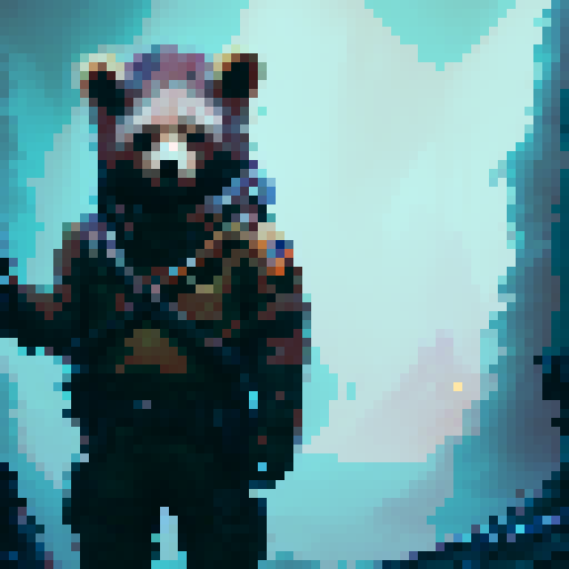 Teddy bear, blood-soaked fur, muscular build, holding a shotgun, standing in a dark forest surrounded by glowing mushrooms and mythical creatures