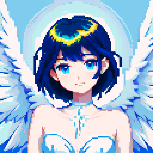 
Beautiful, ethereal angel with shimmering wings and flowing, liquid-like chrome body, rendered in minimalist pixel art with vibrant, dazzling sRGB colors. Various hair styles
