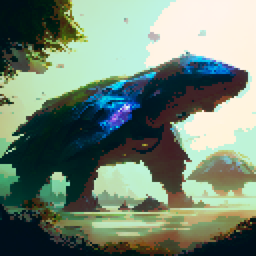 lush, vibrant foliage, towering ancient trees,hidden ruins covered in vines, exotic creatures with iridescent feathers, a magical mist enveloping the landscape, 