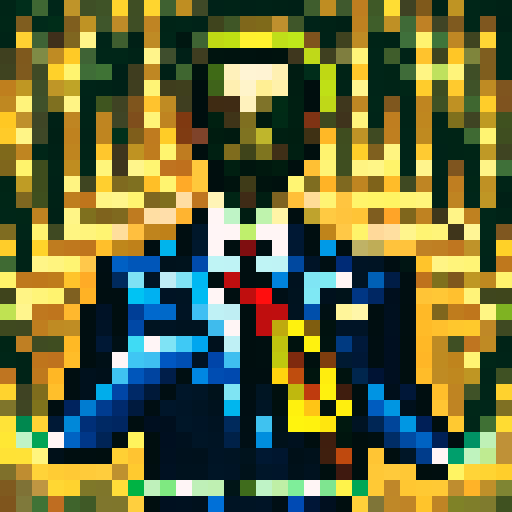 Saxophonist in a sleek black suit and vibrant orange tie, captured in a 32x32 pixel game icon with skillful, close-up portrait art.