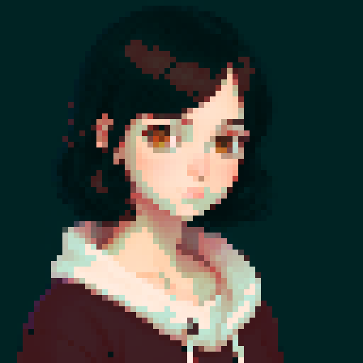 portrait, sprite art, young shy woman, cozy, cute, dark hair, dark eyes, neutral, curious