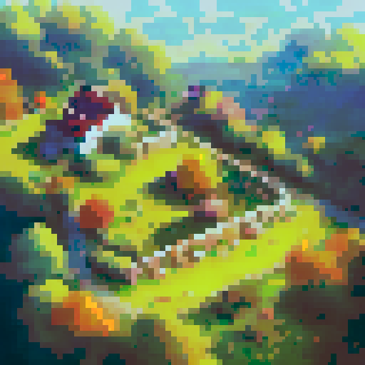 Scenery from elevated angle, farm village with fields, autumn