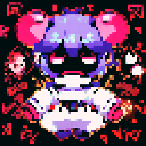 Cute androgyne humanoid robot, anime style, pixel art, character portrait, close up, big bright eyes, rosy cheeks, shiny metallic hair, delicate circuitry patterns on the skin, glowing neon lights, expressive eyebrows, small button-like nose, and a gentle smile