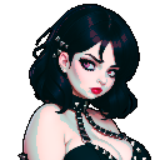 curvy, busty cute goth babe with studded collar, big titty goth wearing halter top, close up turned head glamour shot, pixel art, sRGB