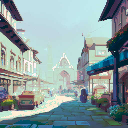 "Isometric perspective of a bustling city square surrounded by a grand school, a towering church, a vintage cinema, a lively restaurant, and quaint shops leading up to a modern train station, all in a captivating landscape portrait."