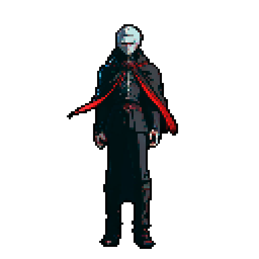 full-body image, male vampire final boss, dark and brooding, glowing red eyes, sharp fangs, pale skin, flowing black cape, menacing stance, intricate details, sRGB, pixel art, gothic cathedral interior background