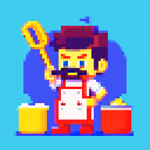cooking chef sprite character with moustache , frying pan in hand, pixel art, vibrant colors, detailed sprites, retro aesthetic, 8-bit style, sRGB color profile, lively animations
