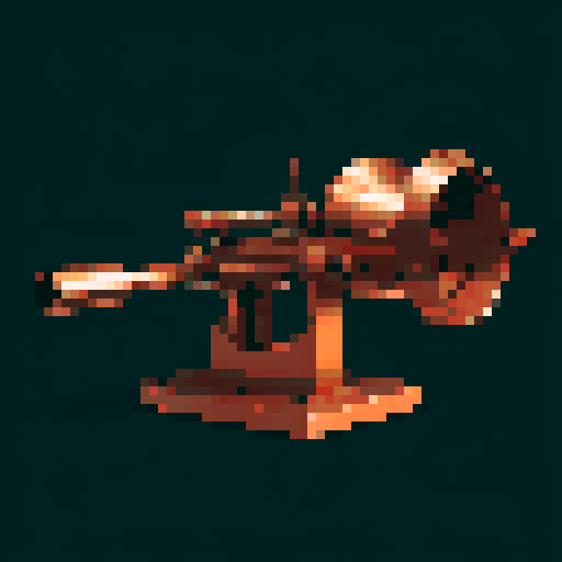 I want a copper rotary machine gun viewed head on from the right side. The barrels should be three times the size of the gun mechanisms. I want this object usable an asset in a videogame, meaning only one object per image, outlined with a strong black stroke, on a solid-color background.