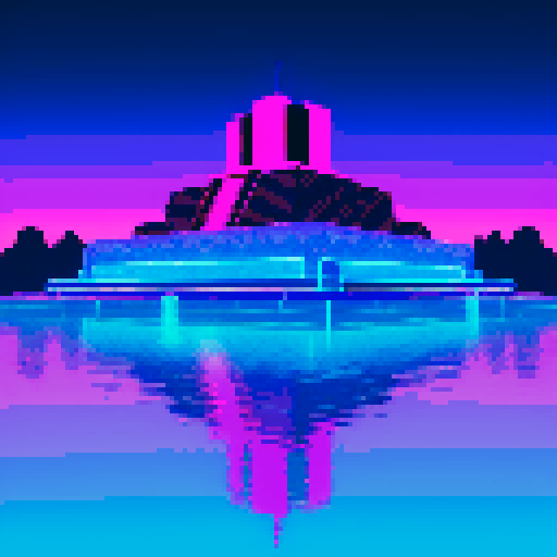technological Ziggurat, shimmering in neon hues, surrounded by frozen waters reflecting the pixel art skyline