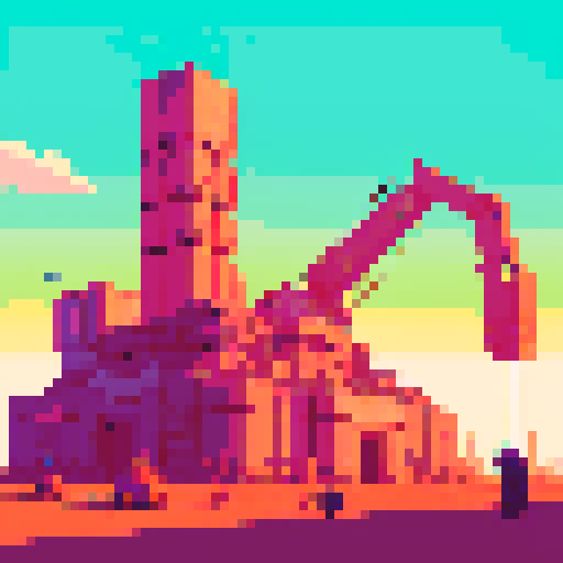 retro-futuristic excavation building, vibrant and neon colors, towering structures, mechanical cranes, robotic workers, dusty wasteland, pixelated landscapes, futuristic technology