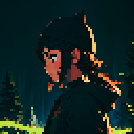 Dark night time in the forest background, Dark background, profile picture, young girl, rounded face, no emotion face, black eyes, short black hair, brown coat, brown hat, small chest