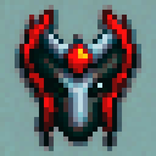 Horned, fiery demon hunter helmet with intricate engravings, glowing red eyes, and smoke billowing from the nostril-like vents, rendered in 32x32 pixel art for use as a game asset